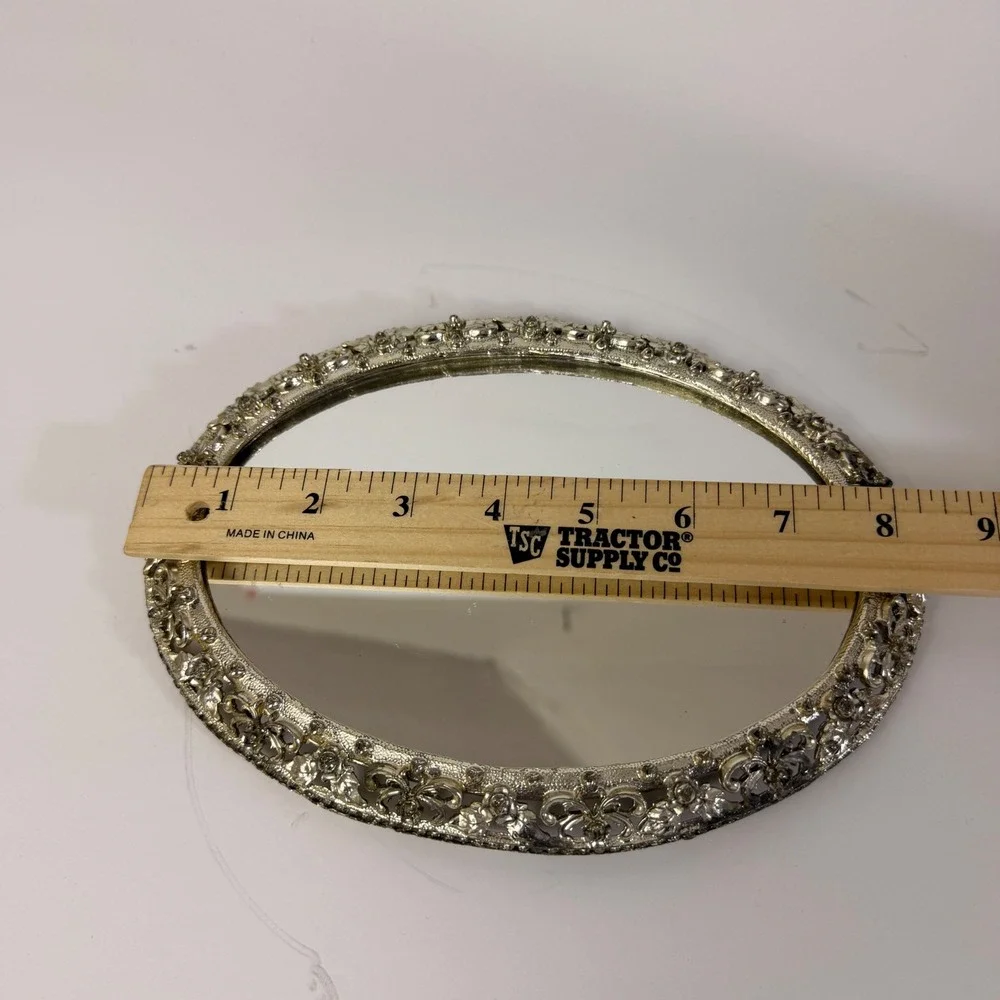 Vintage Ornate Oval Vanity Mirror Cast Metal Floral Filigree Hollywood Regency